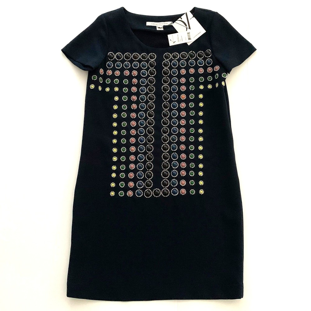 NWT Diane von Furstenberg DVF Owen Shift Dress Sugar Studs sz 0 XS Navy Beaded